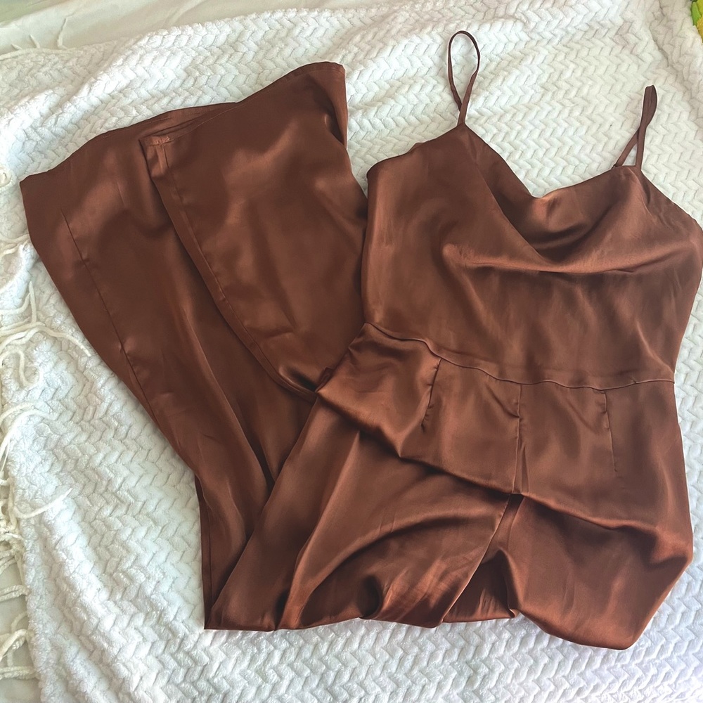 Sincerely Jules Brown Satin Jumpsuit Romper